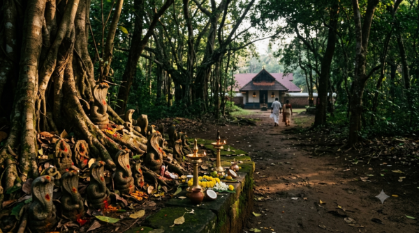 Mannarasala Temple Darshan Timings – serpent idols under trees at the Nagaraja shrine grove, Haripad