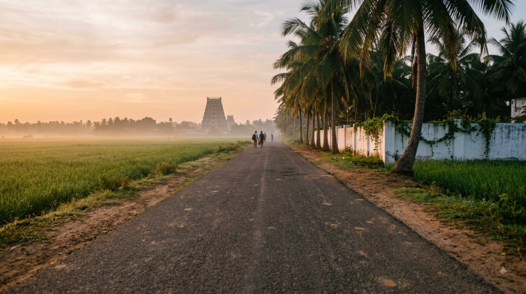 Navagraha Temples Tamil Nadu circuit road at sunrise with a distant gopuram near Kumbakonam