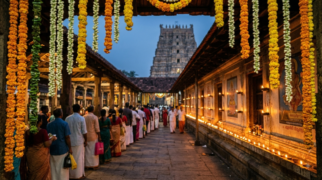 Poolangi Seva Tirumala Timings – devotees and flower garlands at the Tirumala temple