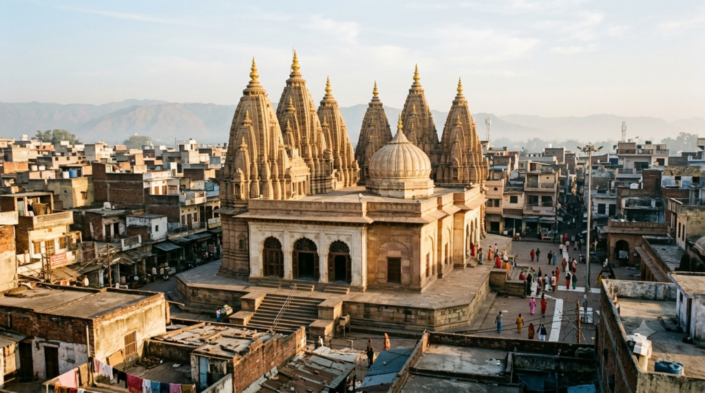 Raghunath Temple Jammu showing seven gold-plated shikharas above the old city