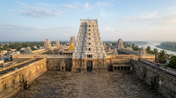 Ranganathaswamy Temple Srirangam Darshan – tiered white Dravidian gopurams of the Srirangam complex