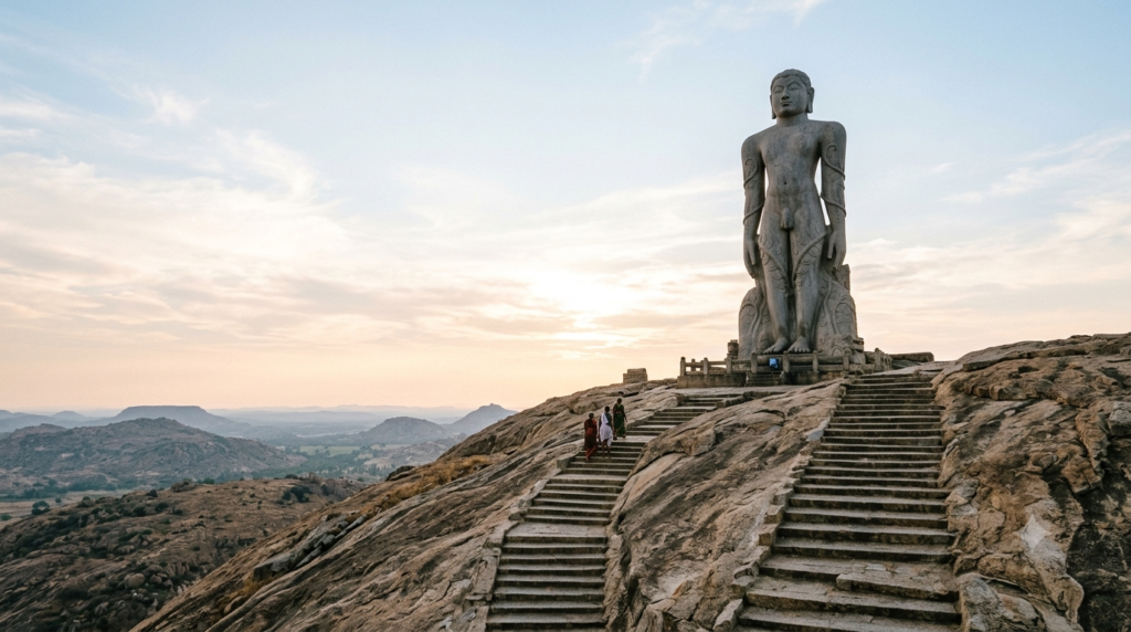 Shravanabelagola temple darshan: Bahubali monolith atop Vindhyagiri hill, Karnataka