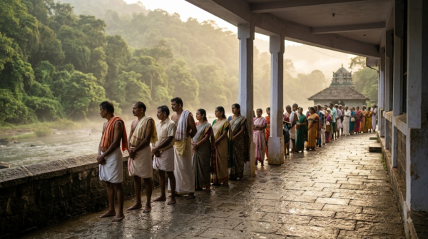 Sringeri temple timings guide showing a dawn darshan queue in traditional attire