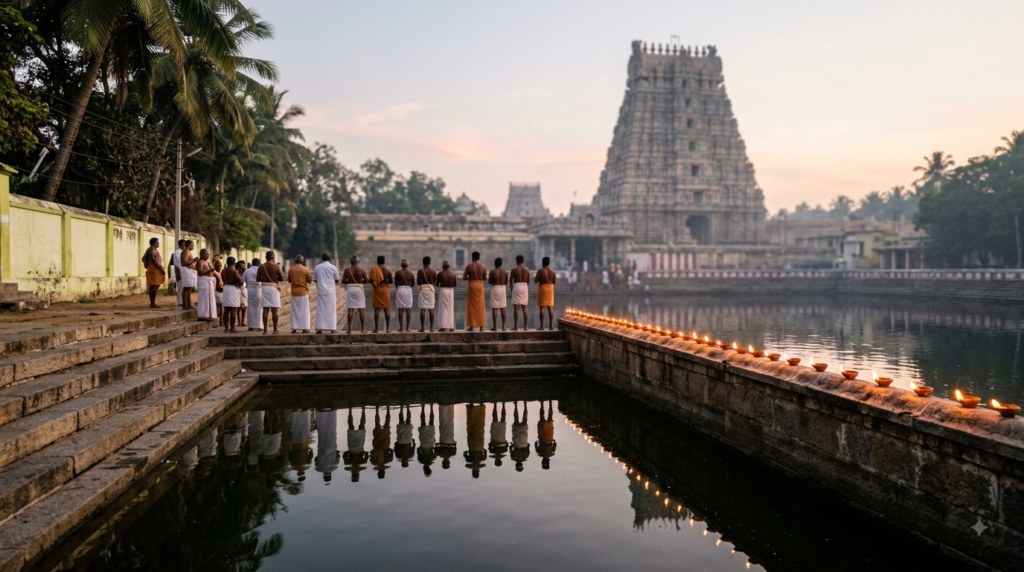Thirunallar Saneeswaran Temple Darshan queue beside the Nala Theertham tank steps at dawn
