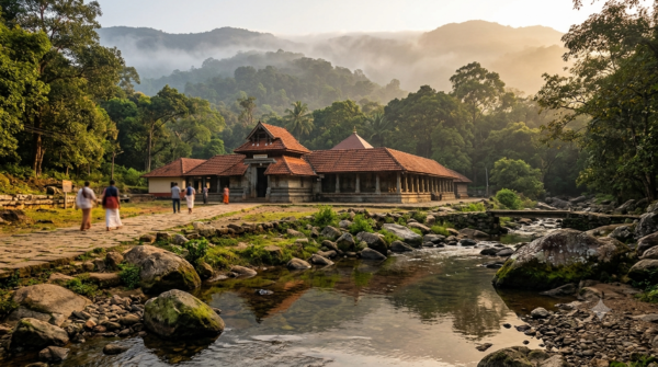 Thirunelli Temple Darshan at sunrise with pilgrims in the Brahmagiri forest, Wayanad, Kerala