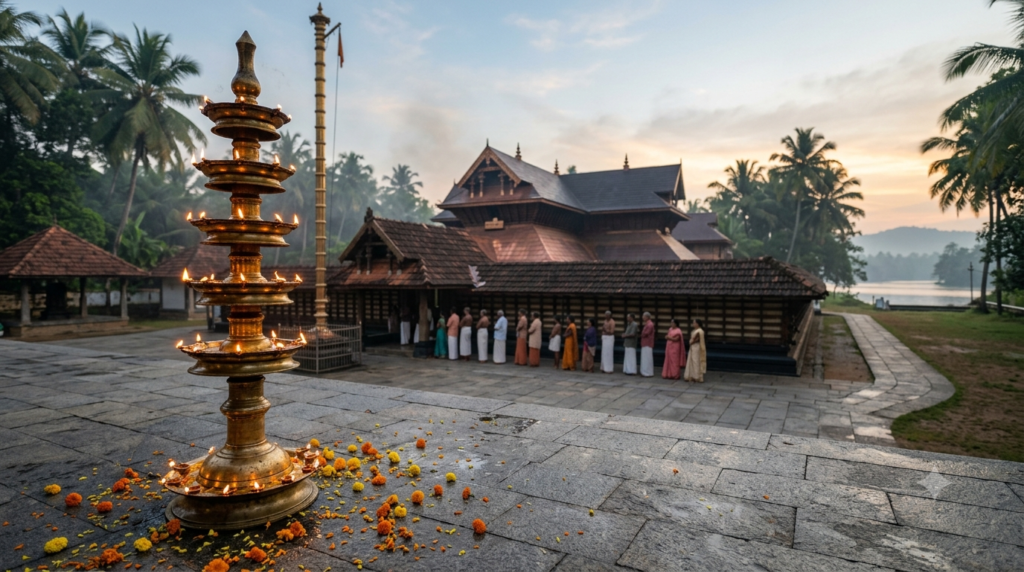 Vaikom Mahadeva Temple Darshan - pilgrims at the Kerala-style temple courtyard with brass lamp post at dawn