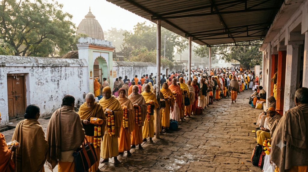 Baglamukhi Pitambara Peeth Datia devotees in a covered darshan queue at a Madhya Pradesh temple complex