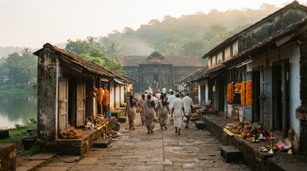Ballaleshwar Pali Darshan queue at the stone temple approach in Pali, Raigad, early morning