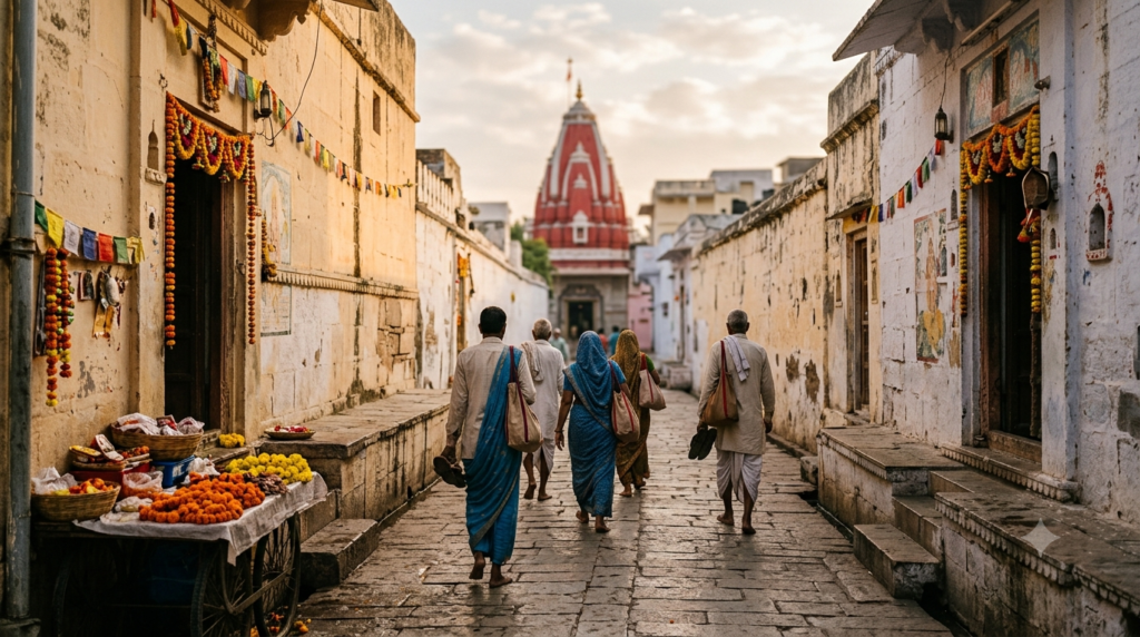 Brahma Temple Pushkar darshan at dawn beside Pushkar Lake ghats in Ajmer district, Rajasthan