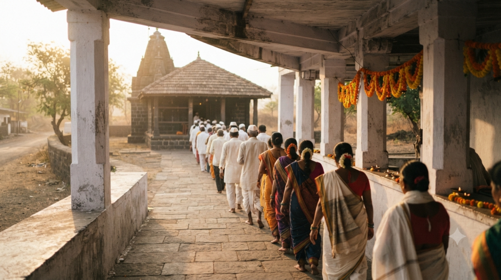 Chintamani Ganpati Temple Darshan queue at Theur, an Ashtavinayak shrine near Pune, Maharashtra