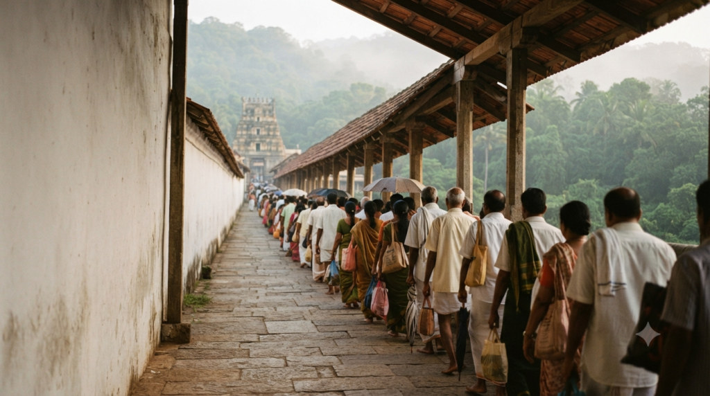 Dharmasthala temple darshan timings: pilgrims in the early morning queue at the Manjunatha shrine