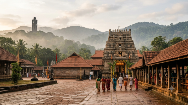 Dharmasthala temple darshan timings: morning pilgrims at the Manjunatha shrine queue in Karnataka