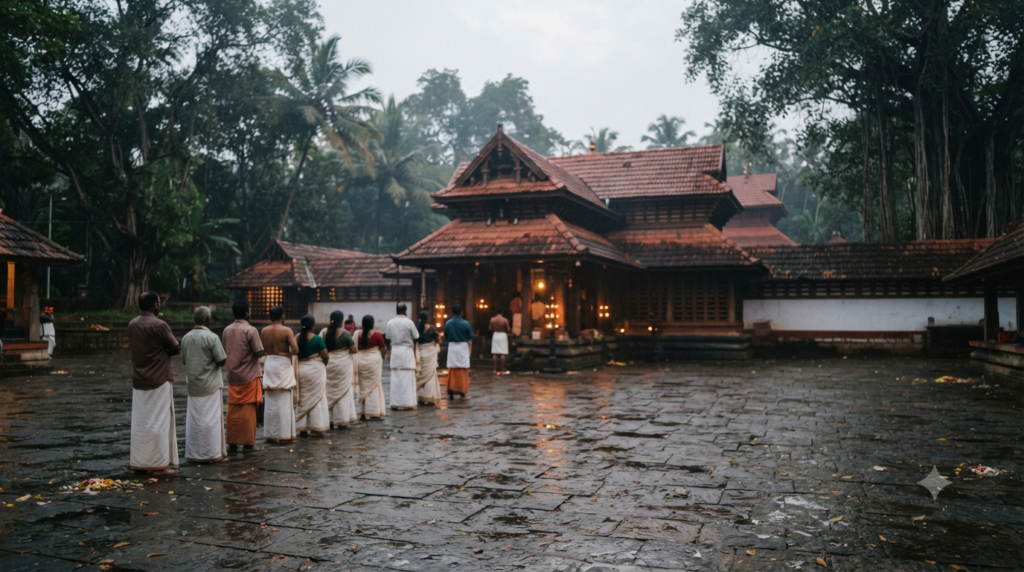 Ettumanoor Mahadevar Darshan Guide with early-morning pilgrims at a Kerala Shiva temple