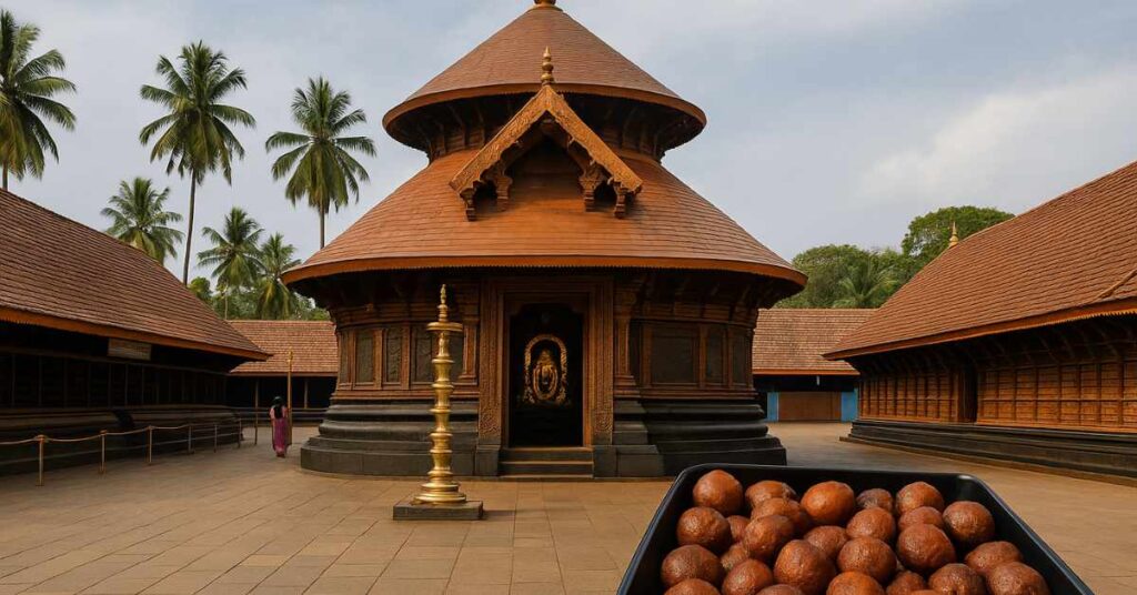 Kottarakkara Ganapathy Temple with Sreekovil, deepastambham, and unniyappam offering in a serene courtyard