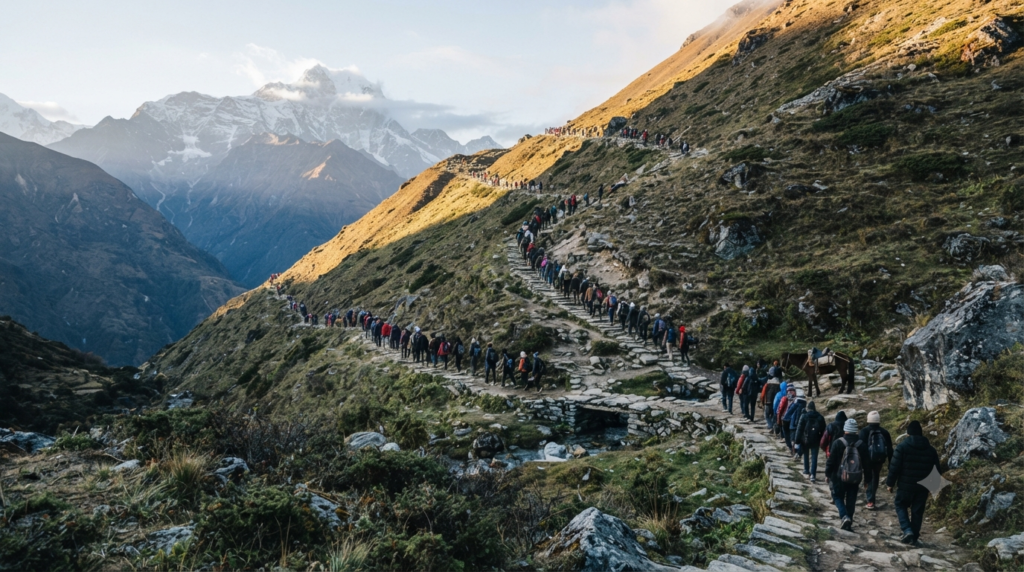 Hemkund Sahib Darshan Timings: pilgrims on the early morning trail above Ghangaria