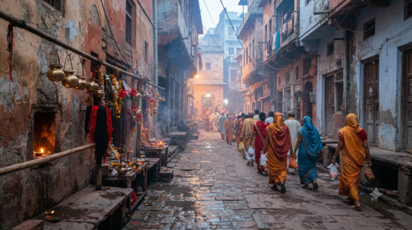 Kaal Bhairav Temple Darshan queue in a narrow Varanasi lane at dawn