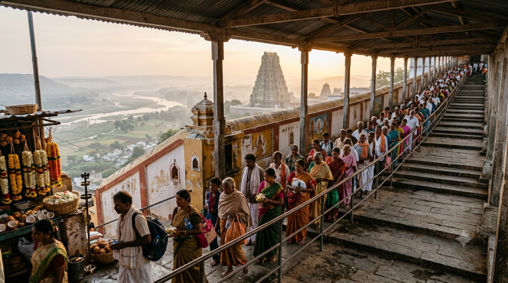 Kanaka Durga Temple darshan queue at Indrakeeladri Hill, Vijayawada, with the temple tower above the river
