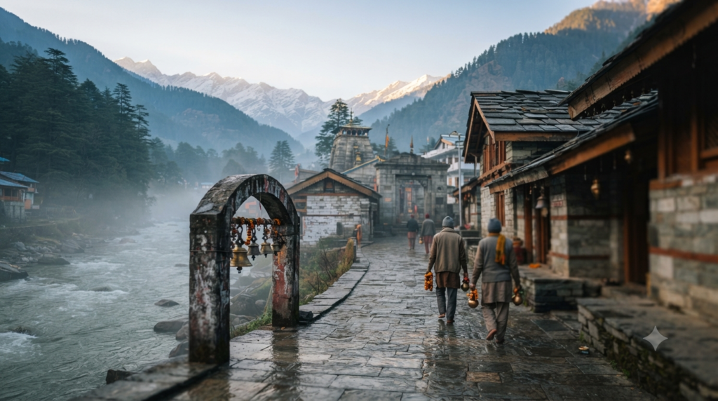 A dawn scene in the Himalayan town of Uttarkashi on the banks of the Bhagirathi, with devotees walking towards the temple lane carrying flowers and offerings. Stone-walled shrine roofs and pine-covered ridges frame the background, capturing the free, walk-in character of darshan here.