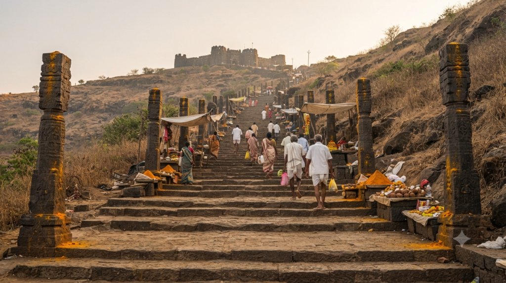 Khandoba Temple Darshan queue on the stone steps of Jejuri Gad in early morning light