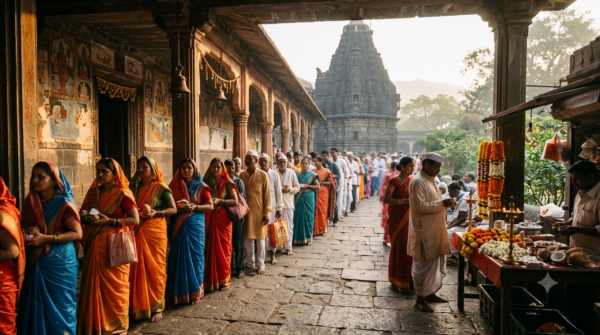Kolhapur Mahalakshmi Temple Darshan queue of pilgrims under a covered walkway in early morning light