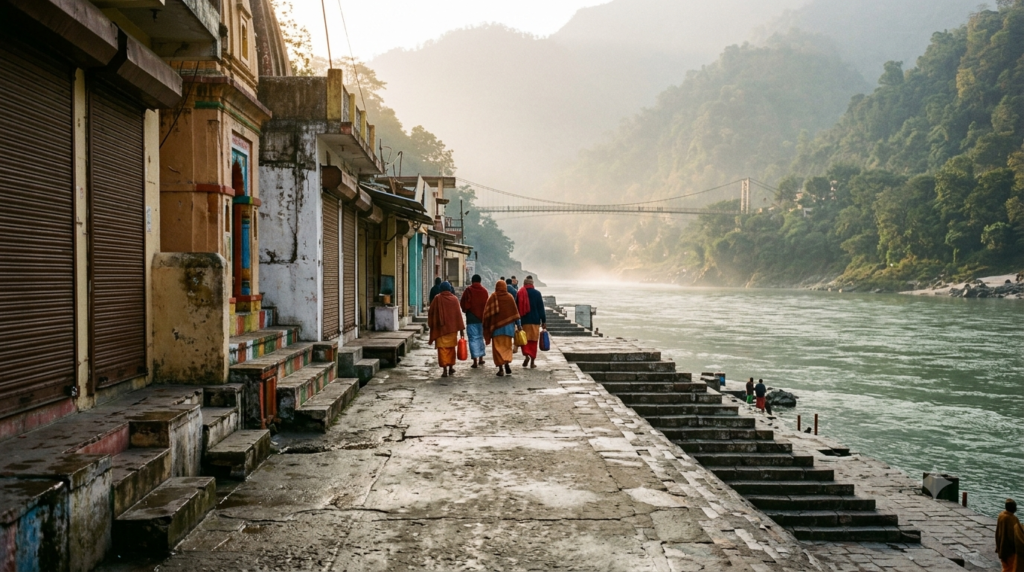 Lakshman Temple Rishikesh Darshan route through Tapovan lane beside the Ganga at dawn, old bridge in distance