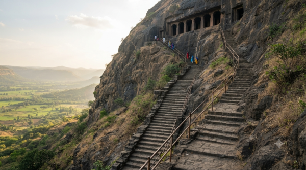 Lenyadri Girijatmaj Ganpati Temple stone steps climbing the Junnar cliff at sunrise
