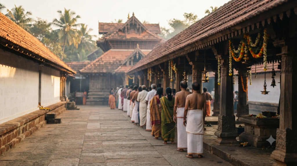 Mangaladevi Temple Mangalore Darshan queue of devotees at the Bolar shrine during morning pooja
