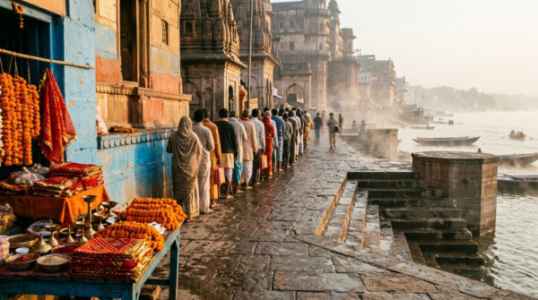 Maya Devi Temple Haridwar darshan queue on a riverside lane at sunrise