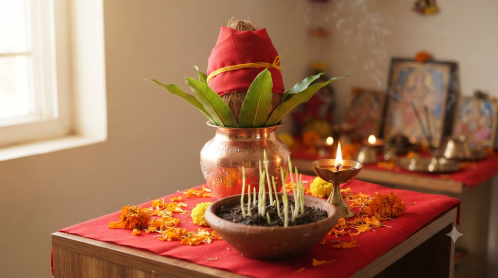 Navratri rituals at home with a kalash, mango leaves and a lit ghee lamp on a puja shelf