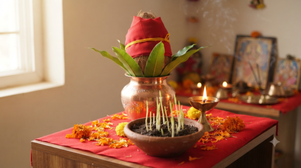 Navratri rituals at home with a kalash, mango leaves and a lit ghee lamp on a puja shelf