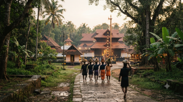 Pandalam Ayyappa Temple Darshan with pilgrims near the traditional Kerala temple complex