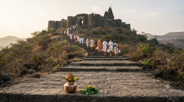 Parli Vaijnath Temple Darshan queue of pilgrims climbing stone steps at dawn in Beed, Maharashtra