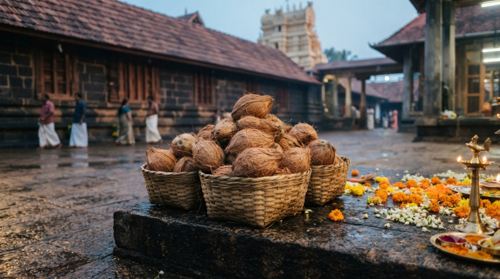 Coconuts stacked for offering at Pazhavangadi Ganapathy Temple courtyard in early morning light