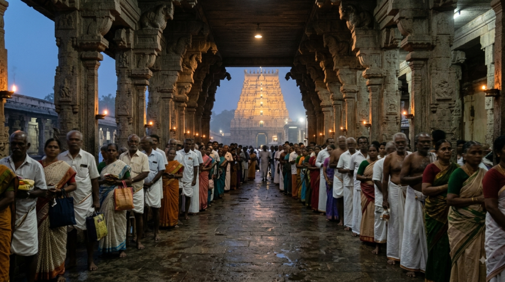 Rameswaram Ramanathaswamy Temple Darshan queue in a granite pillared corridor at dawn