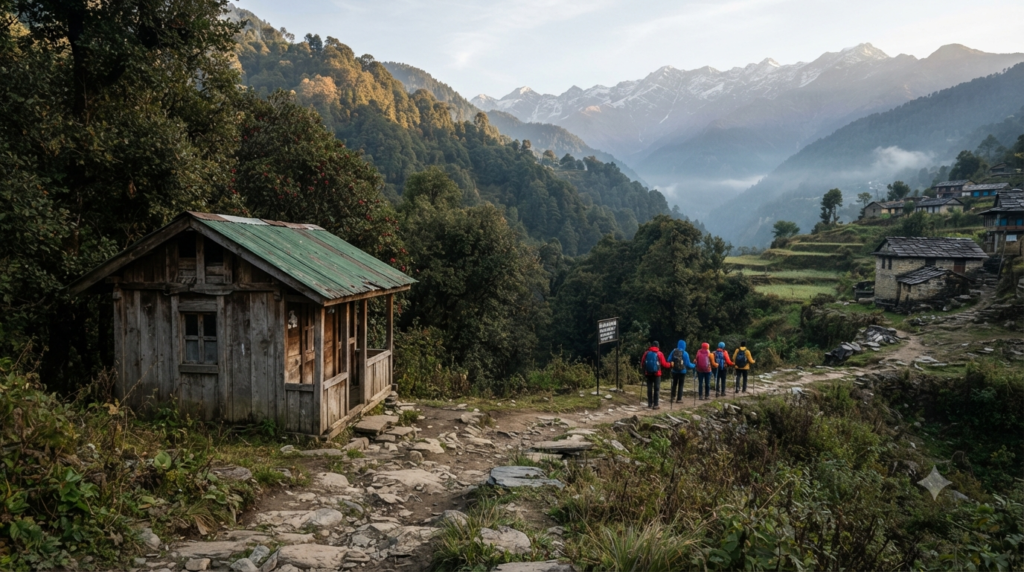 Trekkers at a forest check post before the Rudranath Temple Darshan trek in the Garhwal Himalayas