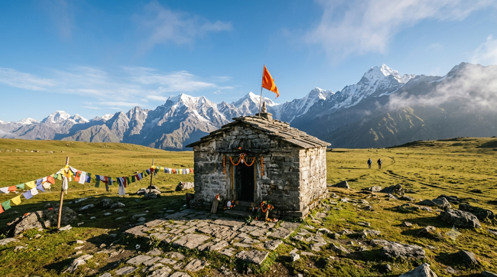Rudranath Temple Darshan stone shrine on an alpine meadow below snow-capped Garhwal Himalayan peaks