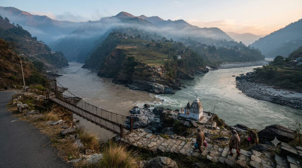 Rudraprayag darshan timings guide - dawn at the Alaknanda Mandakini sangam