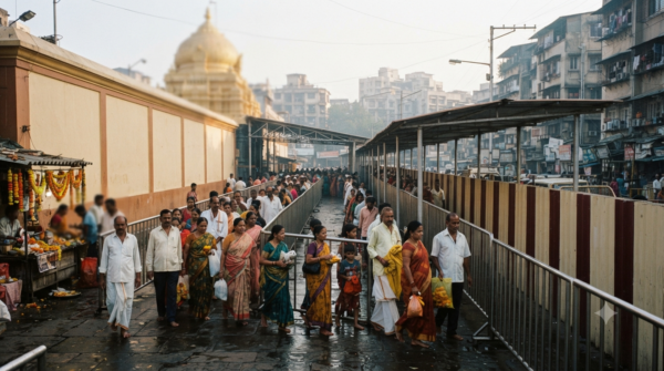 Siddhivinayak Temple darshan queue of pilgrims in a covered walkway at Prabhadevi, Mumbai, early morning