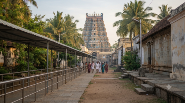 Sooriyanar Kovil Darshan Guide sunrise approach near Kumbakonam with a South Indian temple gopuram