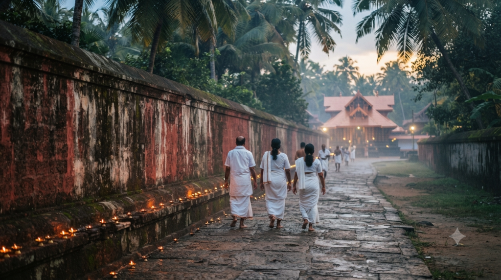 Sree Vallabha Temple Thiruvalla darshan queue at dawn with devotees in traditional mundu