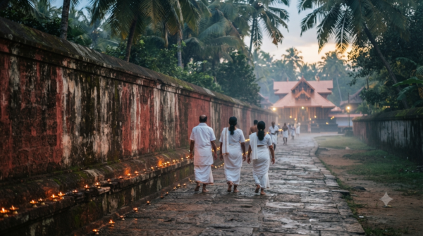 Sree Vallabha Temple Thiruvalla darshan queue at dawn with devotees in traditional mundu