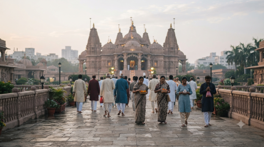 Swaminarayan Temple Mumbai Darshan with devotees near the temple entrance