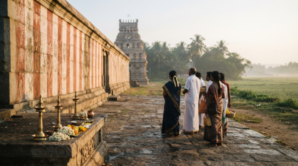Thingaloor temple darshan queue outside the Kailasanathar Temple, Thingalur, early morning