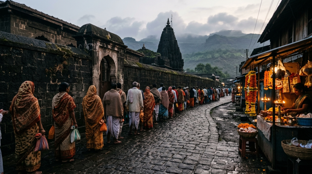 Trayambakeshwar Temple Darshan queue at dawn in Trimbak with the Brahmagiri hills behind
