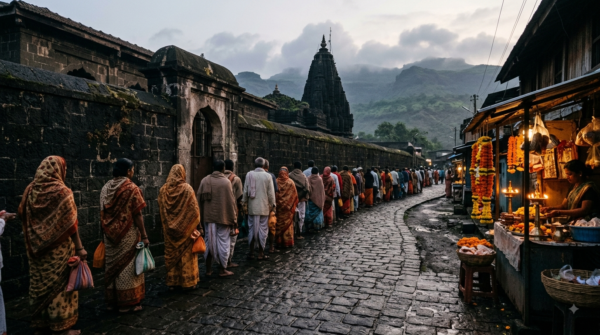 Trayambakeshwar Temple Darshan queue at dawn in Trimbak with the Brahmagiri hills behind