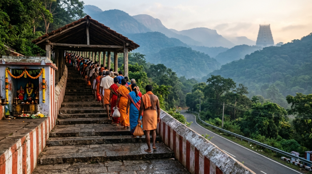 Venkateswara Swamy Tirumala story guide with temple hill and pilgrim queue at dawn