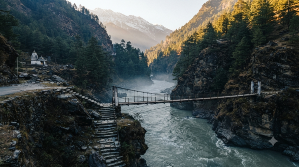 Vishnuprayag darshan timings guide - suspension bridge over the Alaknanda and Dhauliganga confluence at sunrise