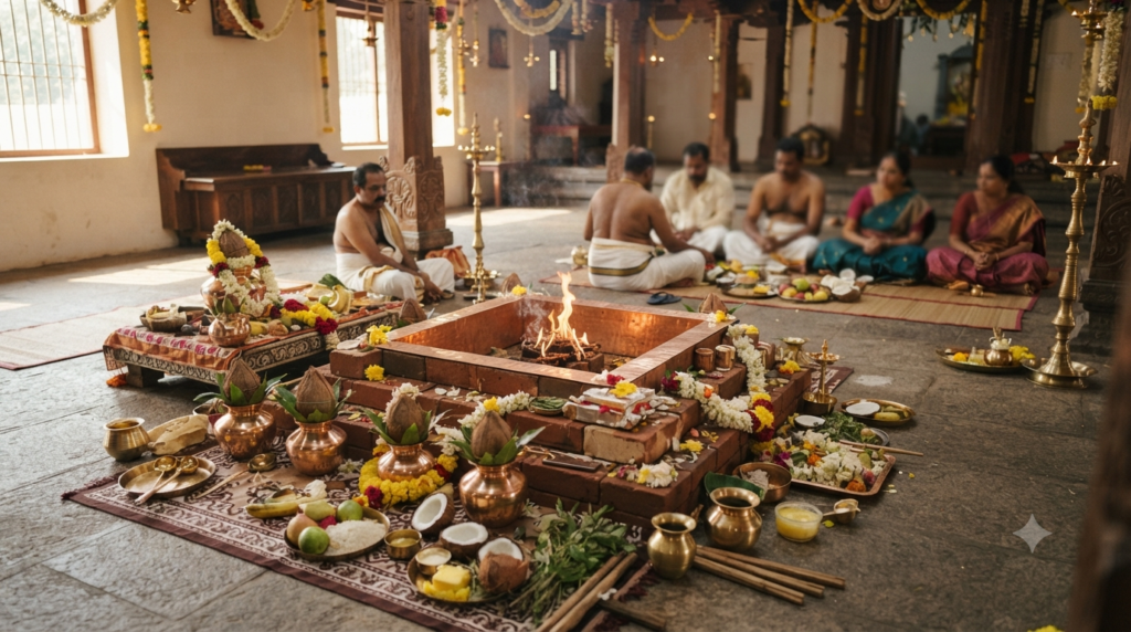 Ayush Homam Procedure with sacred fire and traditional pooja items