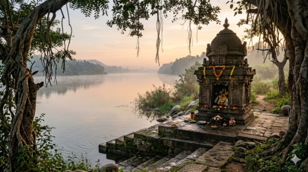 Bichale Raghavendra Swamy temple Brindavana beside the Tungabhadra river at dawn
