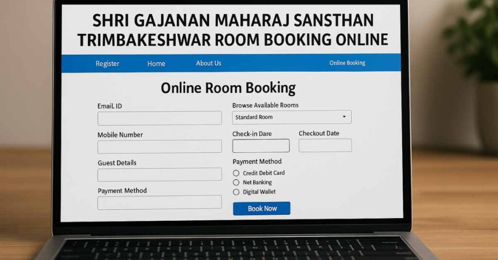Laptop displaying Shri Gajanan Maharaj Sansthan Trimbakeshwar online room booking form on a wooden desk.